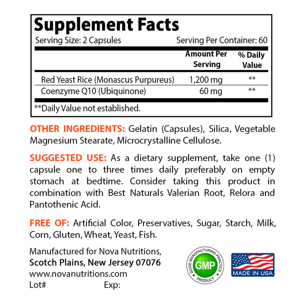 Nova Nutritions Red Yeast Rice 1200 mg. - COQ10 60 mg (Citrinin Free) for Cholesterol Support Capsules 120 ct - Nova Nutritions