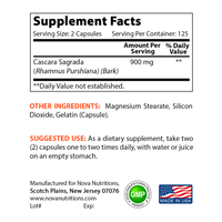 Nova Nutritions Cascara Sagrada Capsules - 450mg - All Natural Laxative - 250 Capsules - Nova Nutritions