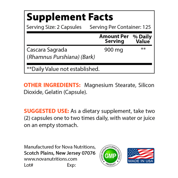Nova Nutritions Cascara Sagrada Capsules - 450mg - All Natural Laxative - 250 Capsules - Nova Nutritions