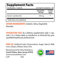 Nova Nutritions Acetyl L-Carnitine 500mg Capsules - Helps Maintain Healthy Brain Function, 120 Count - Nova Nutritions