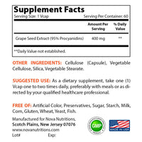 Nova Nutritions Grape Seed Extract Capsules 400 mg - Minimum 95% Proanthocyanidins, Vegan, Non-GMO and All Natural - 120 Count - Nova Nutritions