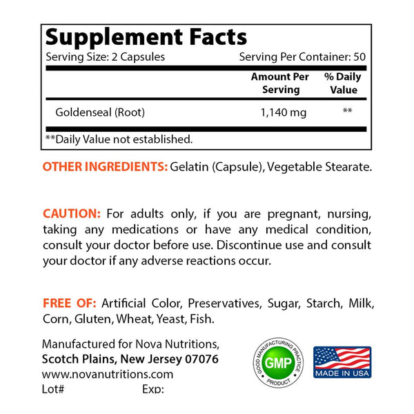 Nova Nutritions Goldenseal Root 570mg (Non-GMO) Capsules, Promotes Healthy Immune & Overall Wellness, 100 Count - Nova Nutritions