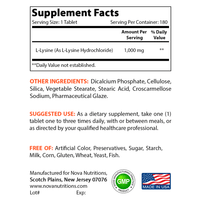 Nova Nutritions L-Lysine 1000 mg - 180 Tablets - Nova Nutritions