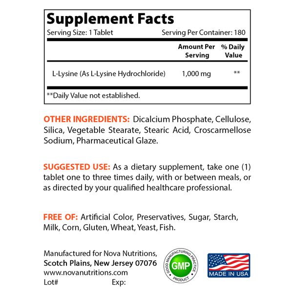 Nova Nutritions L-Lysine 1000 mg - 180 Tablets - Nova Nutritions
