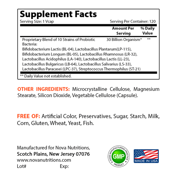 Nova Nutritions Probiotic 30 Billion SHELF STABLE 120 Veggie Capsules - Nova Nutritions