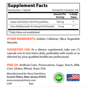 Nova Nutritions Grape Seed Extract 100 mg (Non-GMO) 120 Capsules - 95% Proanthocyanidins