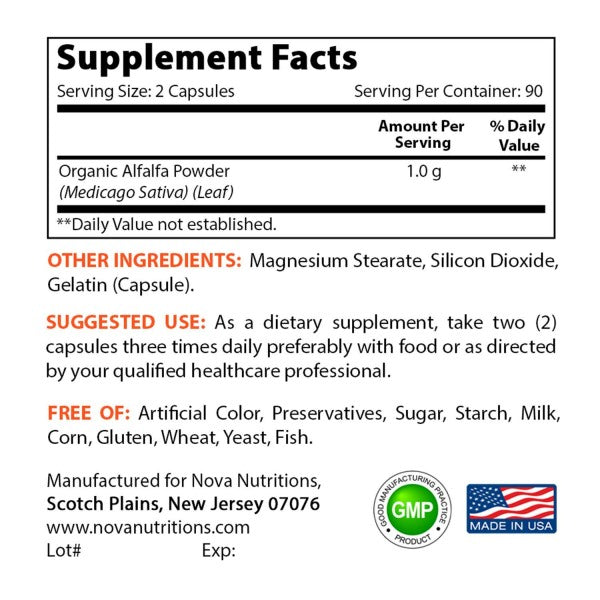 Nova Nutrition's Alfalfa 500 mg 180 Capsules